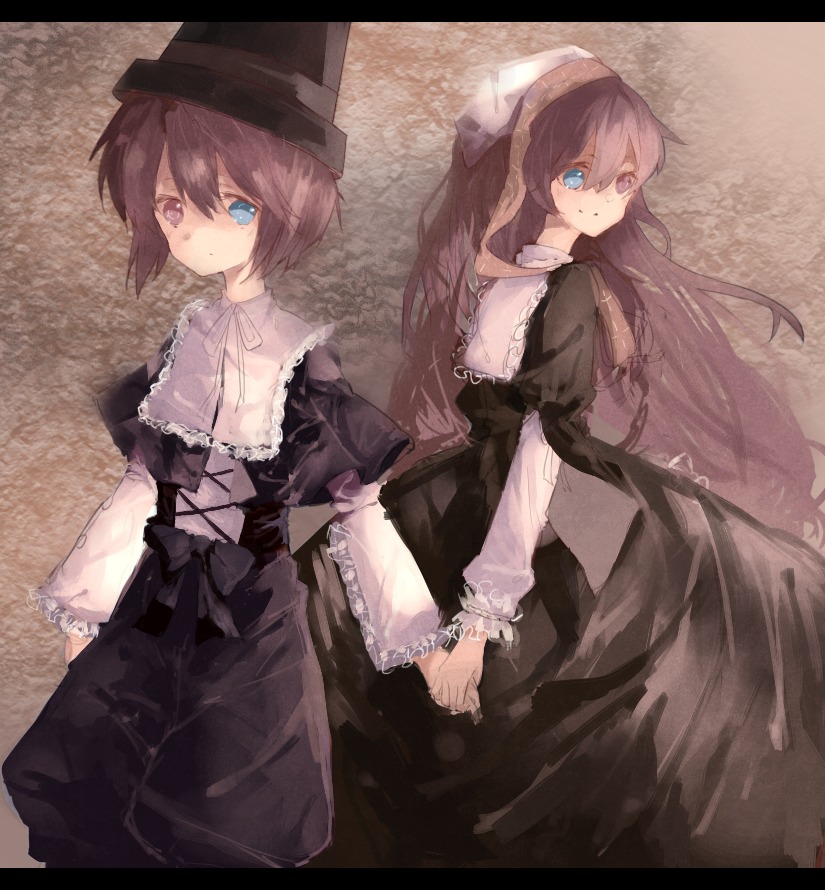 2girls black_dress blue_eyes brown_hair capelet dress frills hat image letterboxed long_hair long_sleeves looking_at_viewer multiple_girls pair short_hair siblings sisters smile souseiseki suiseiseki twins