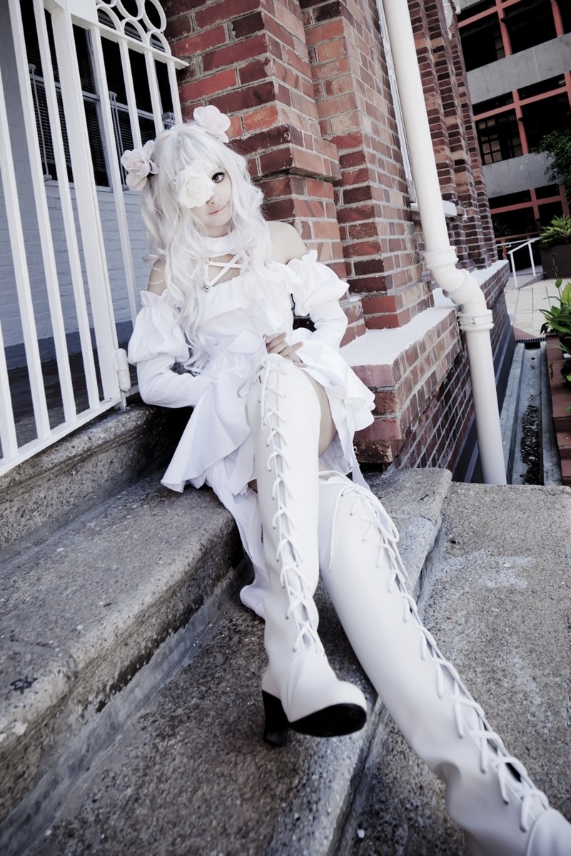 1girl dress hair_ornament kirakishou long_hair sitting solo white_dress white_footwear white_hair white_theme