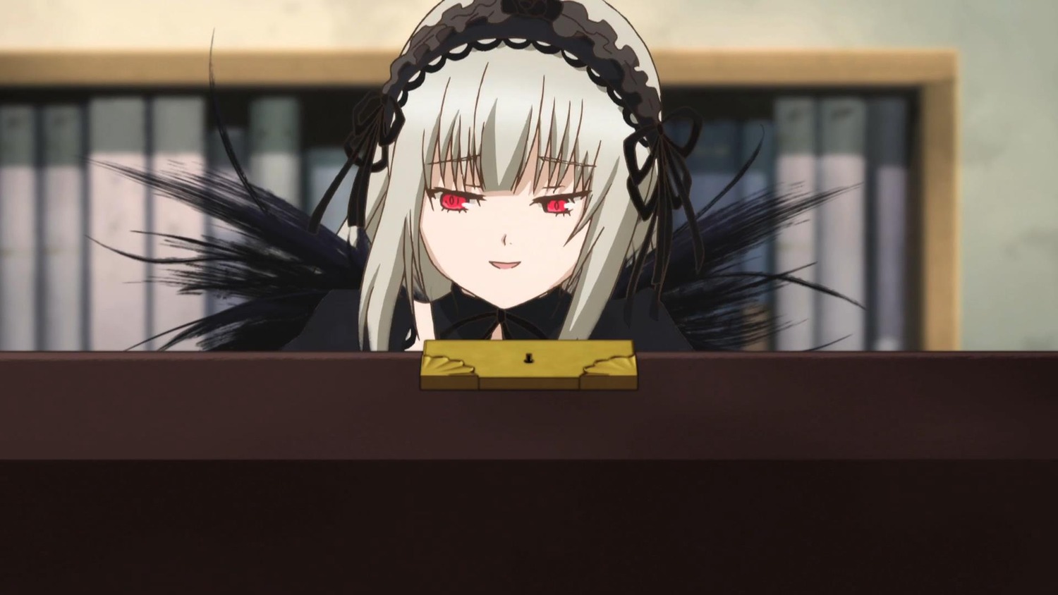 1girl bangs black_wings blurry blurry_background depth_of_field eyebrows_visible_through_hair feathers hairband image long_hair looking_at_viewer red_eyes ribbon silver_hair smile solo suigintou wings