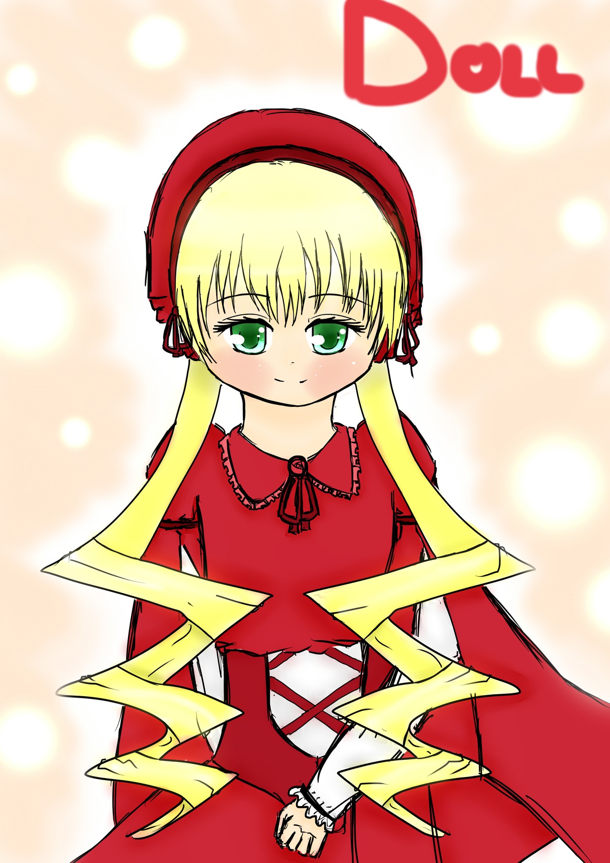 1girl blonde_hair blush capelet dress green_eyes image long_hair long_sleeves looking_at_viewer red_dress shinku solo twintails v_arms