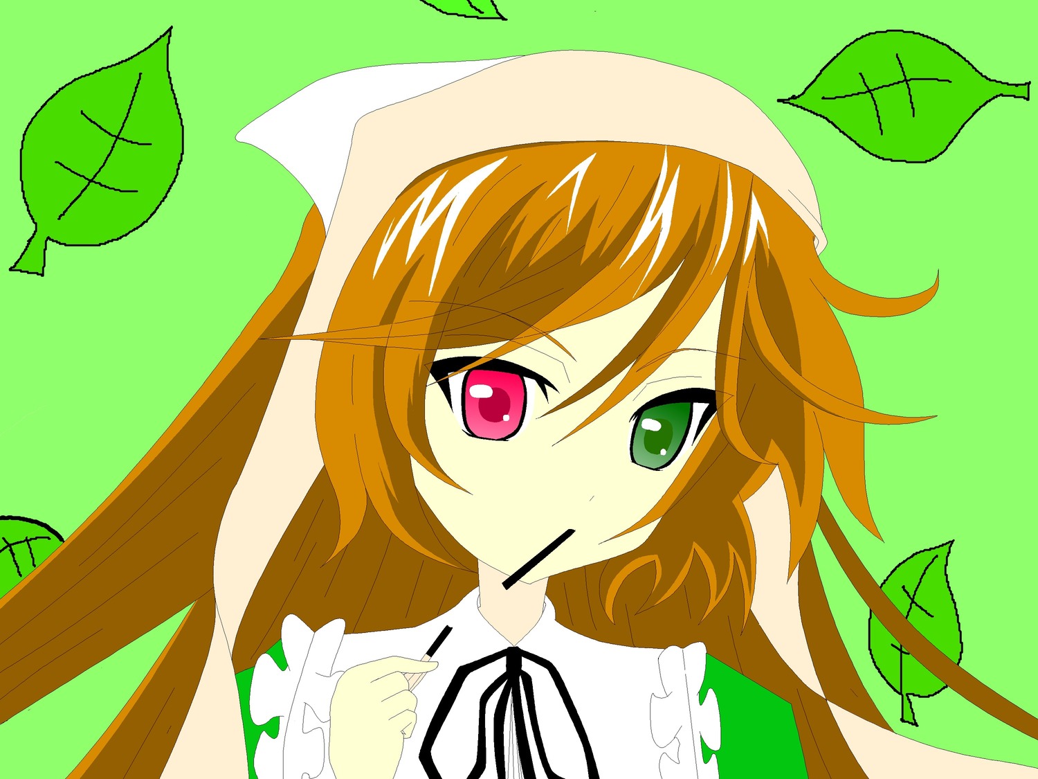 1girl brown_hair dress food green_background green_eyes green_theme head_scarf heterochromia image leaf long_hair looking_at_viewer mouth_hold plant red_eyes ribbon solo suiseiseki