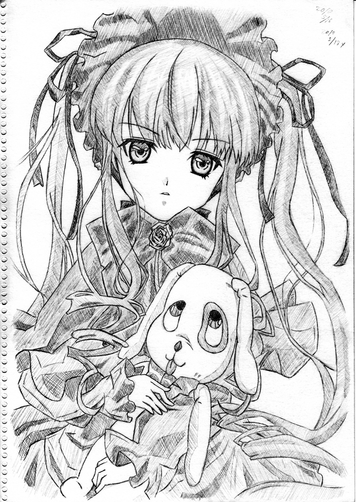 1girl bonnet dress flower frills greyscale image long_hair long_sleeves looking_at_viewer monochrome rose shikishi shinku simple_background solo traditional_media twintails upper_body white_background