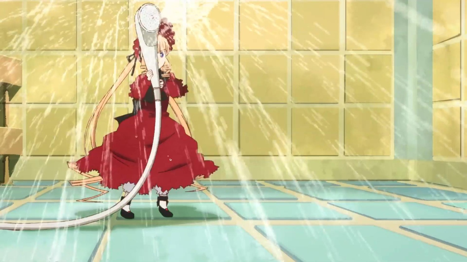 1girl blonde_hair checkered checkered_floor dress frills image long_hair long_sleeves mary_janes pair red_dress shinku shoes solo standing suigintou tile_floor tiles very_long_hair