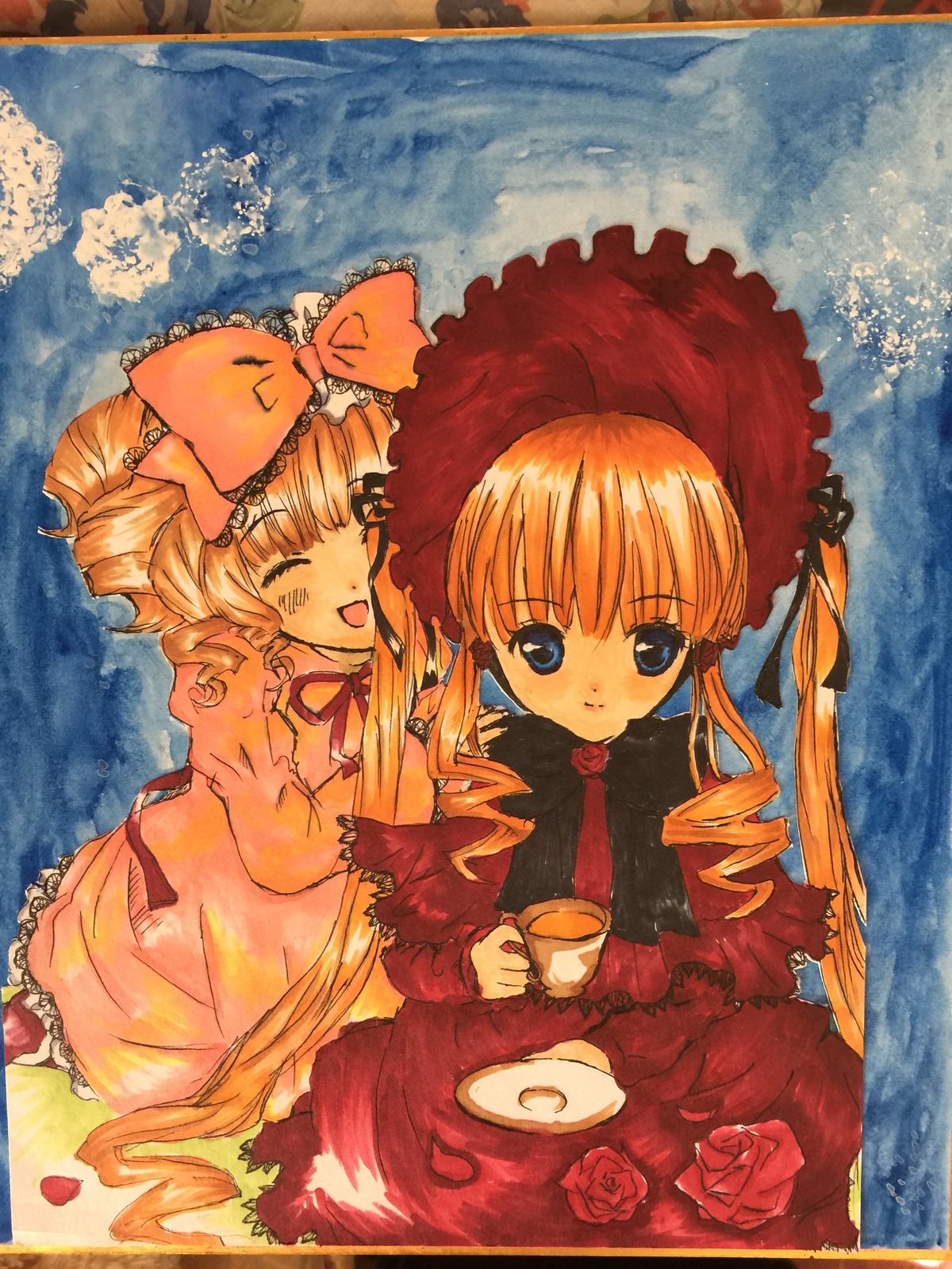2girls blonde_hair blue_eyes bonnet bow closed_eyes cup dress drill_hair flower hat hinaichigo image long_hair long_sleeves looking_at_viewer multiple_girls open_mouth pair pink_bow red_dress red_flower red_rose rose shinku smile tea teacup traditional_media twin_drills twintails