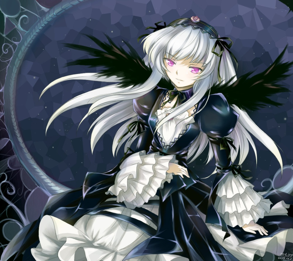 1girl black_wings checkered checkered_background checkered_floor commentary_request dress frilled_sleeves frills hairband image lolita_hairband long_hair long_sleeves looking_at_viewer mtyy photoshop_(medium) pink_eyes puffy_sleeves purple_eyes ribbon rozen_maiden silver_hair solo suigintou white_hair wings