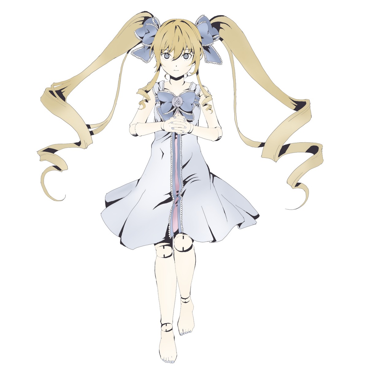 1girl barefoot blonde_hair blue_bow bow dress drill_hair full_body hair_between_eyes hair_bow image jewelry long_hair nail_polish shinku simple_background solo twin_drills twintails very_long_hair white_background