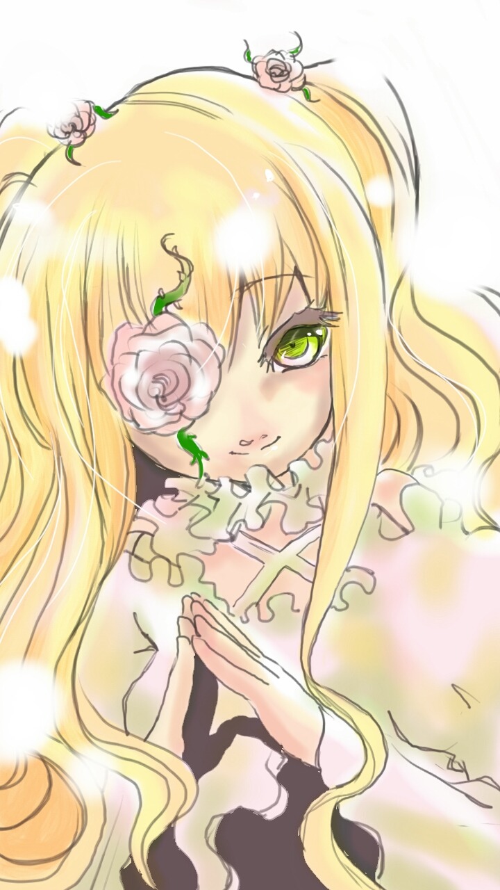 1girl blonde_hair dress eyepatch flower frills green_eyes hair_flower hair_ornament image kirakishou long_hair pink_flower pink_rose rose solo thorns