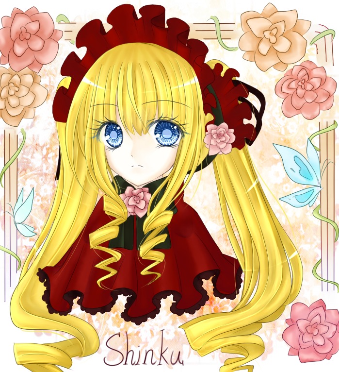 1girl blonde_hair blue_eyes bonnet bow bowtie bug butterfly capelet drill_hair flower image insect long_hair looking_at_viewer pink_flower red_capelet red_dress shinku sidelocks solo twintails