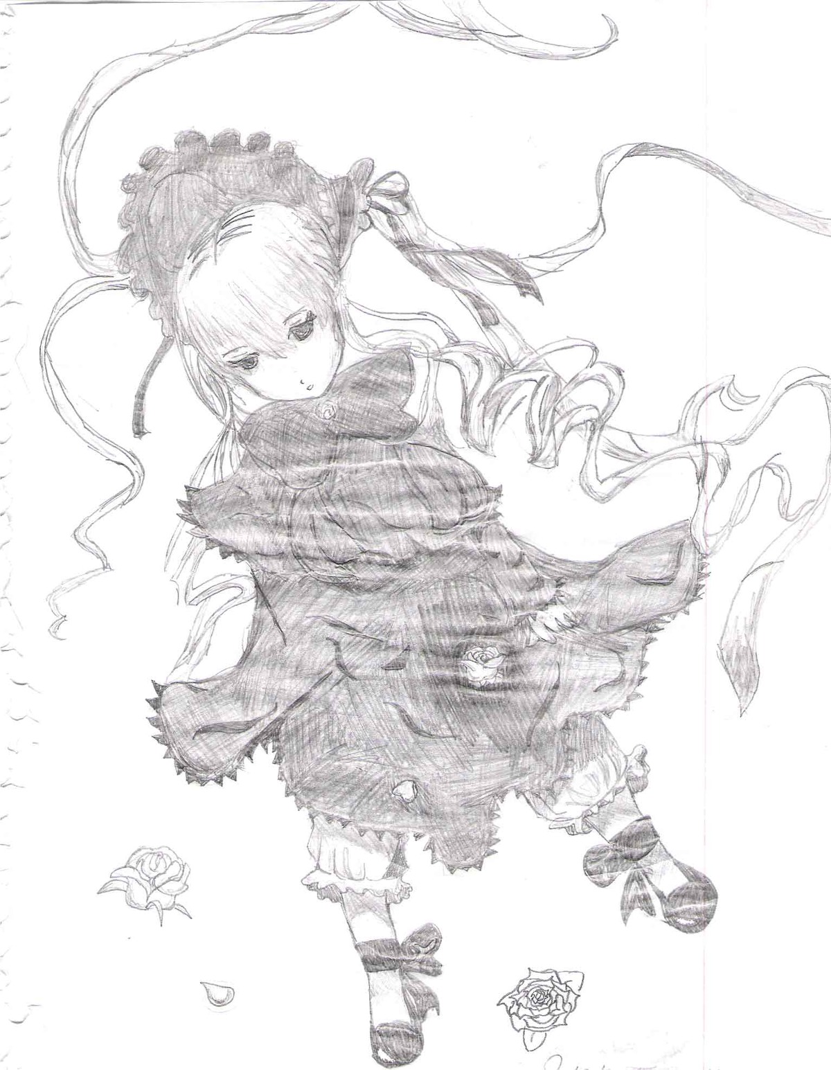 1girl bloomers bonnet dress drill_hair flower frills full_body greyscale image long_hair long_sleeves looking_at_viewer monochrome rose shinku shoes solo striped suigintou twintails