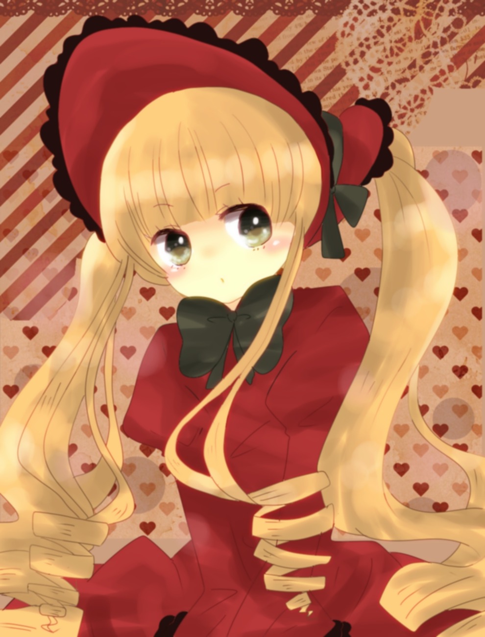 1girl blonde_hair blush bonnet bow bowtie dress drill_hair hat heart image long_hair long_sleeves looking_at_viewer ringlets shinku solo twin_drills twintails