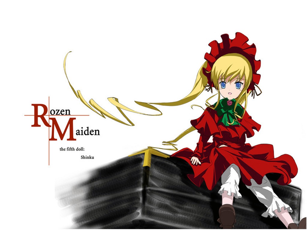 1girl blonde_hair bloomers blue_eyes bonnet bow bowtie dress image long_hair long_sleeves looking_at_viewer open_mouth red_dress shinku shoes simple_background sitting solo twintails underwear white_background