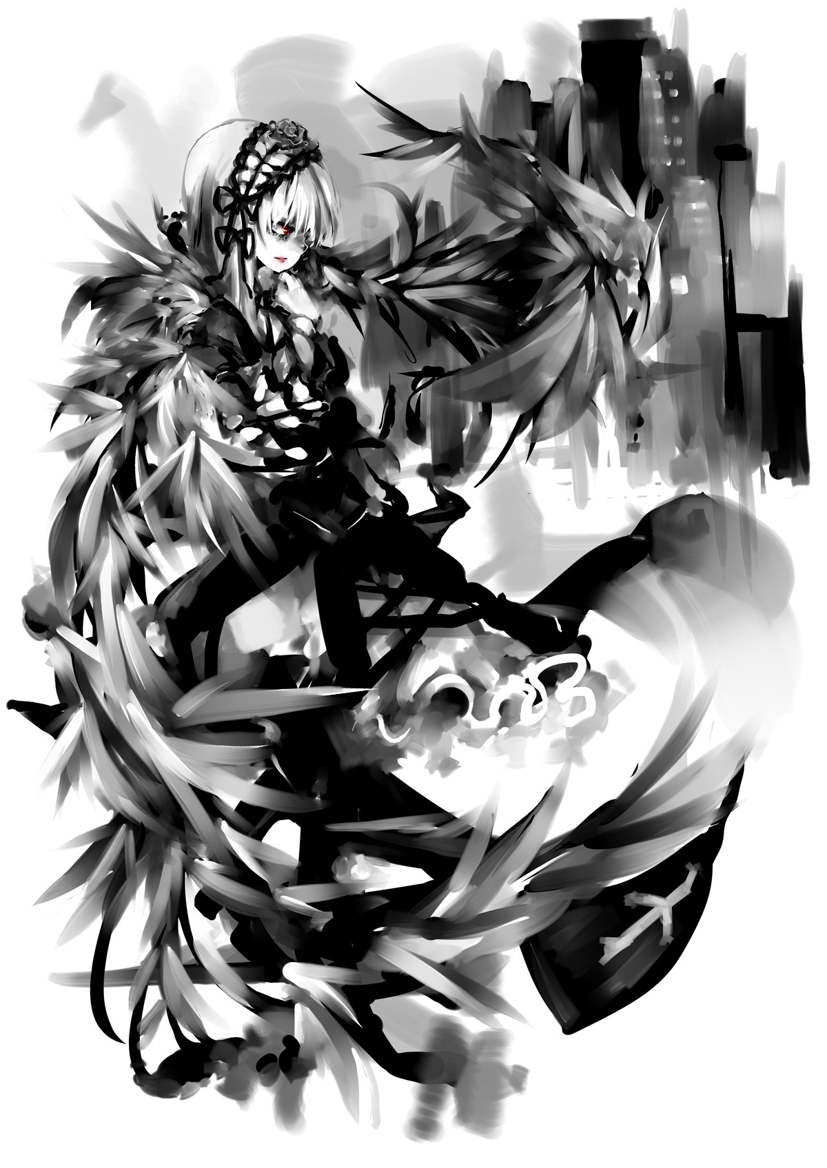 1girl dress frills greyscale hairband image long_sleeves monochrome red_eyes short_hair solo suigintou