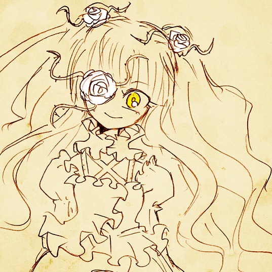 1girl dress flower frills hair_flower hair_ornament image kirakishou long_hair monochrome rose smile solo thorns two_side_up yellow_eyes