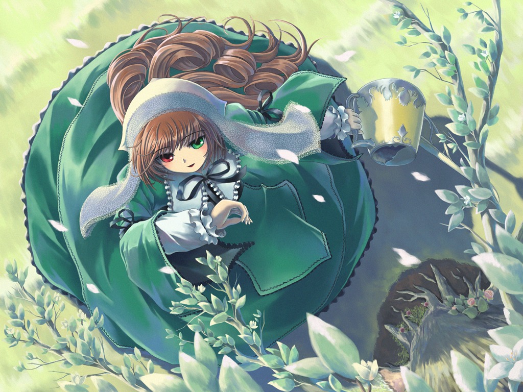 1girl brown_hair commentary_request dress flower frills green_dress green_eyes heterochromia image long_hair long_sleeves looking_at_viewer petals ranranloo red_eyes rozen_maiden smile solo suiseiseki tree very_long_hair