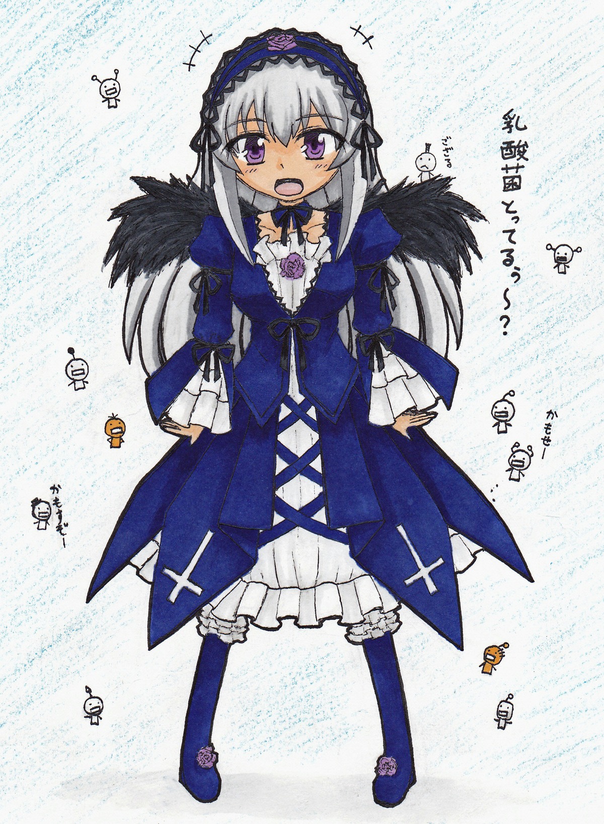 1girl black_wings boots dress flower frills full_body hairband image lolita_hairband long_hair long_sleeves looking_at_viewer open_mouth purple_eyes rose silver_hair solo suigintou wings