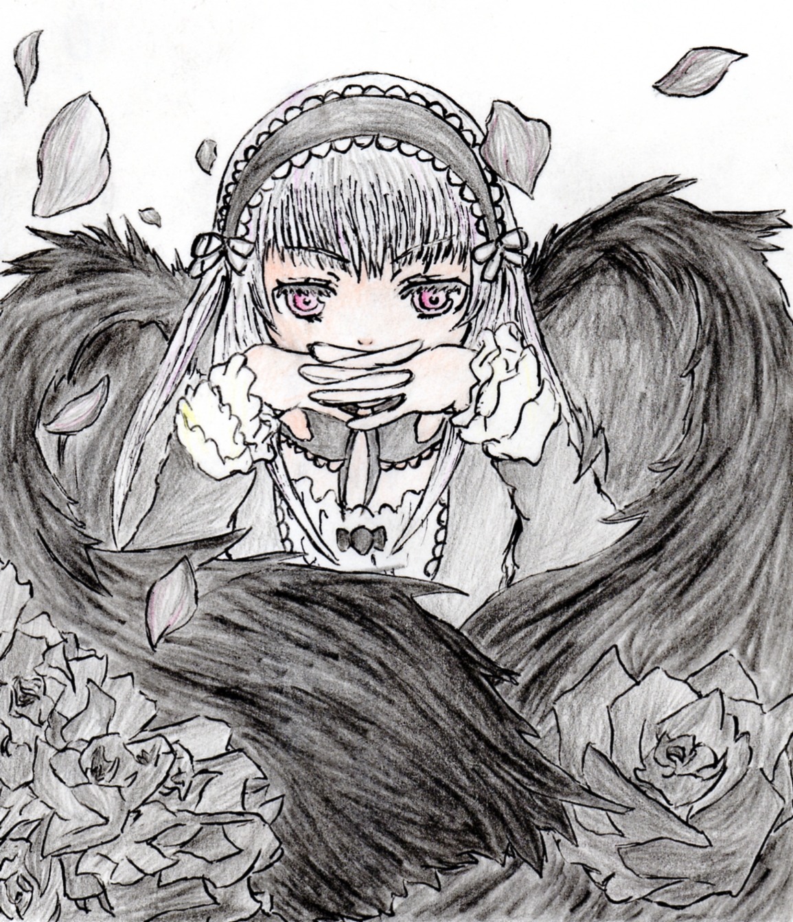 1girl black_wings dress feathers flower frilled_sleeves frills hairband image lolita_hairband long_hair long_sleeves looking_at_viewer petals pink_eyes purple_eyes red_flower red_rose rose rose_petals silver_hair smile solo suigintou traditional_media wings