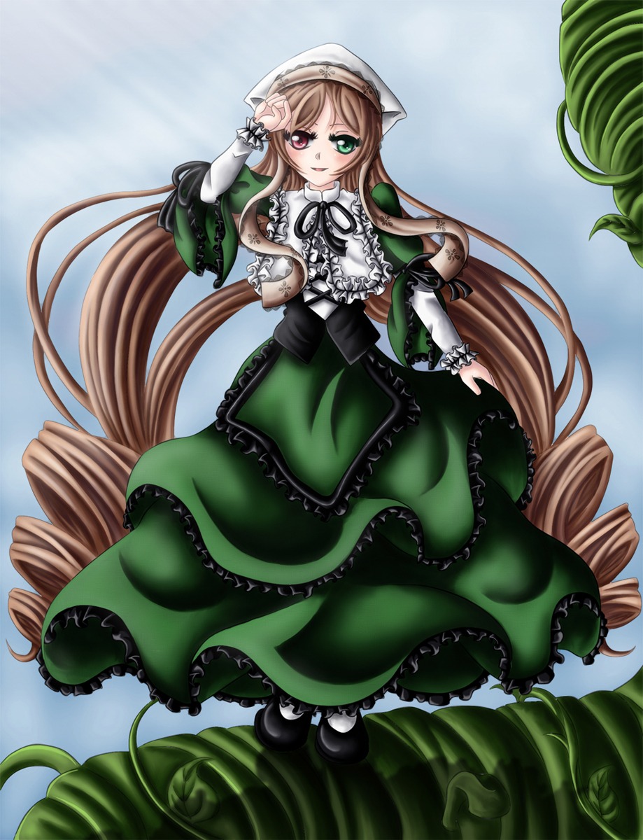 1girl brown_hair dress drill_hair frills full_body green_dress green_eyes heterochromia image lolita_fashion long_hair long_sleeves looking_at_viewer red_eyes smile solo standing suiseiseki twin_drills twintails very_long_hair watering_can