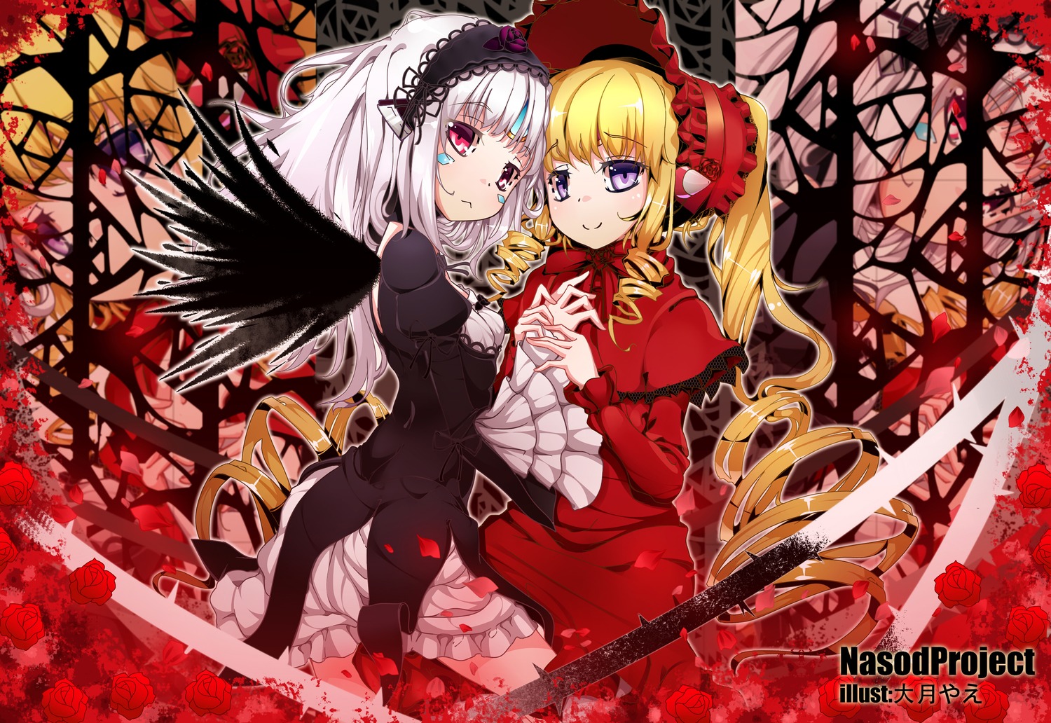 2girls black_wings blonde_hair bonnet cross dress drill_hair flower frills hairband heterochromia holding_hands image juliet_sleeves lolita_fashion lolita_hairband long_hair long_sleeves looking_at_viewer multiple_girls pair petals puffy_sleeves purple_eyes red_dress red_eyes red_flower red_rose rose rose_petals shinku smile suigintou thorns twintails white_hair wings