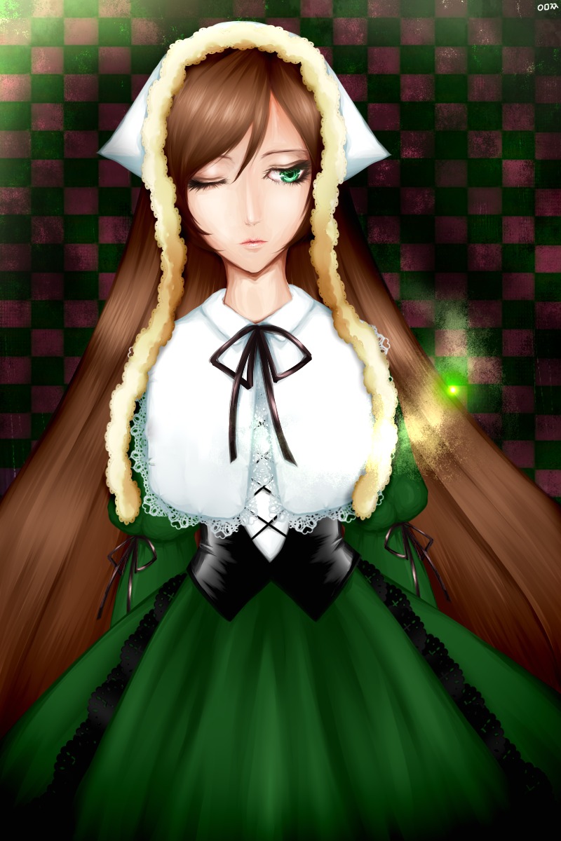 1girl argyle argyle_background brown_hair checkered checkered_background checkered_floor corset dress green_dress green_eyes hood image long_hair one_eye_closed plaid_background ribbon solo suiseiseki tile_floor tiles very_long_hair