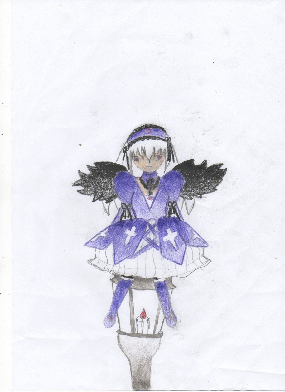 1girl boots dress full_body fur_trim image long_sleeves looking_at_viewer purple_eyes solo standing suigintou wings
