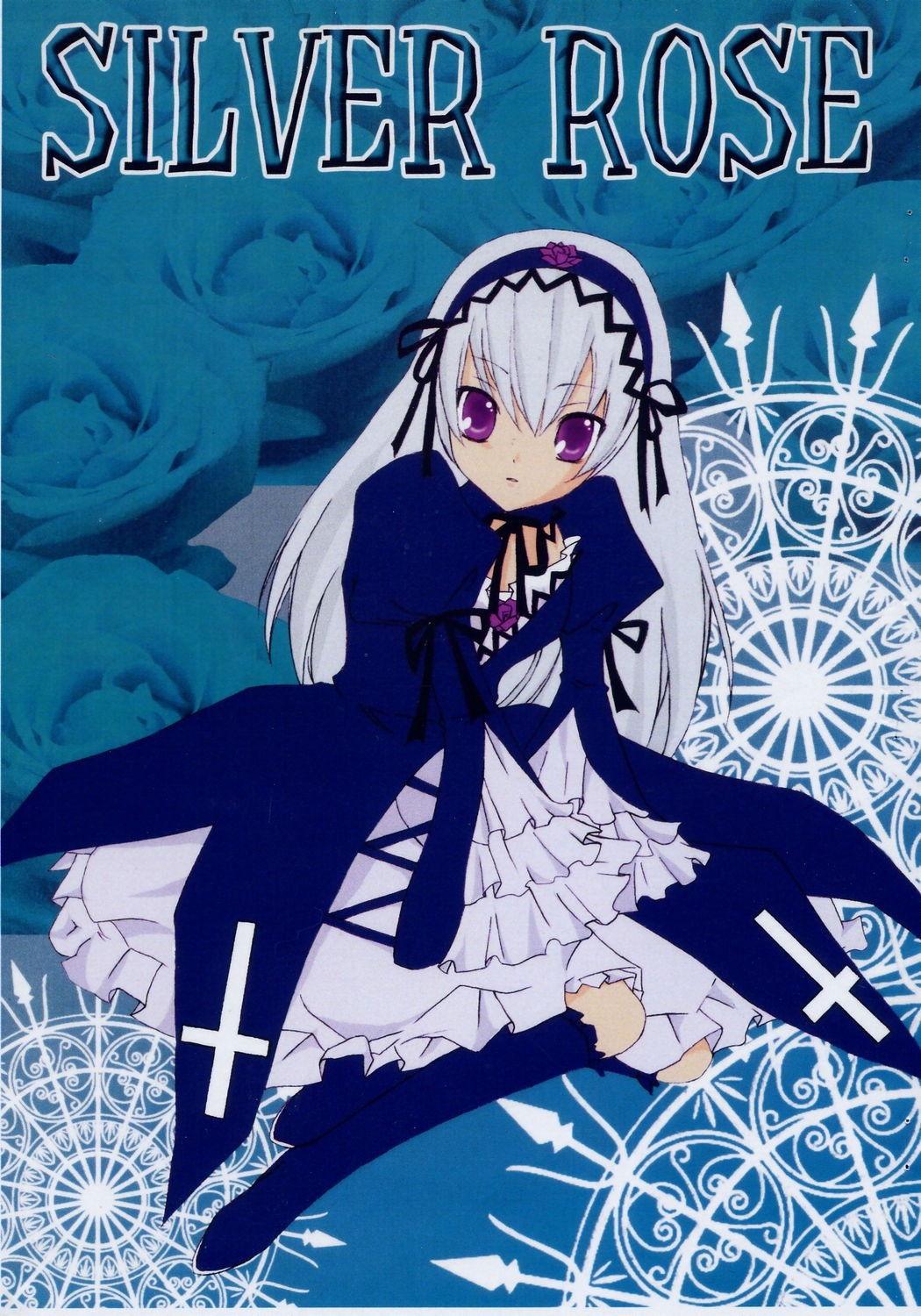 1girl blue_background dress frilled_sleeves frills full_body hairband image lolita_hairband long_hair long_sleeves looking_at_viewer ribbon sitting solo suigintou wings
