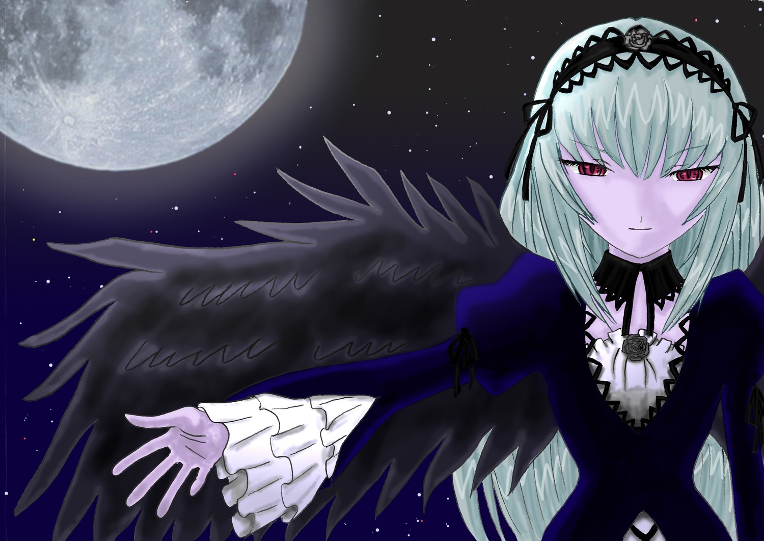 1girl black_dress black_wings dress flower frills full_moon hairband image lolita_hairband long_hair long_sleeves looking_at_viewer moon night night_sky red_eyes silver_hair sky solo star_(sky) starry_sky suigintou wings