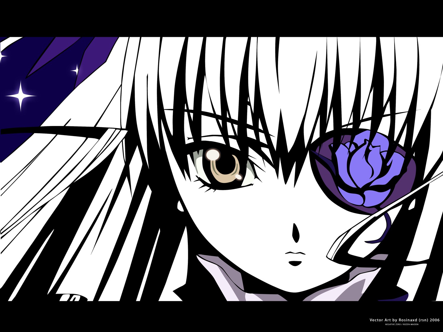 1girl barasuishou blue_rose flower image letterboxed long_hair looking_at_viewer monochrome rose simple_background solo sparkle white_background