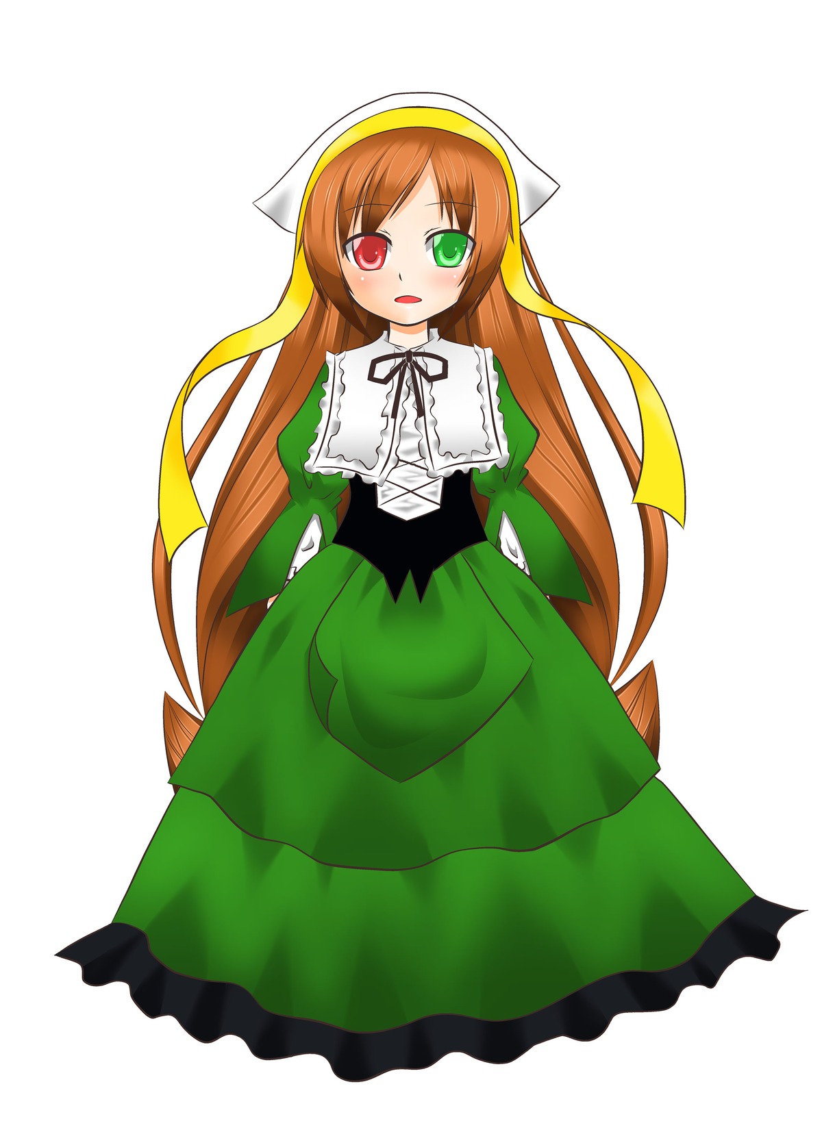 1girl blush brown_hair dress green_dress green_eyes head_scarf heterochromia image long_hair long_sleeves looking_at_viewer open_mouth red_eyes simple_background solo suiseiseki very_long_hair white_background