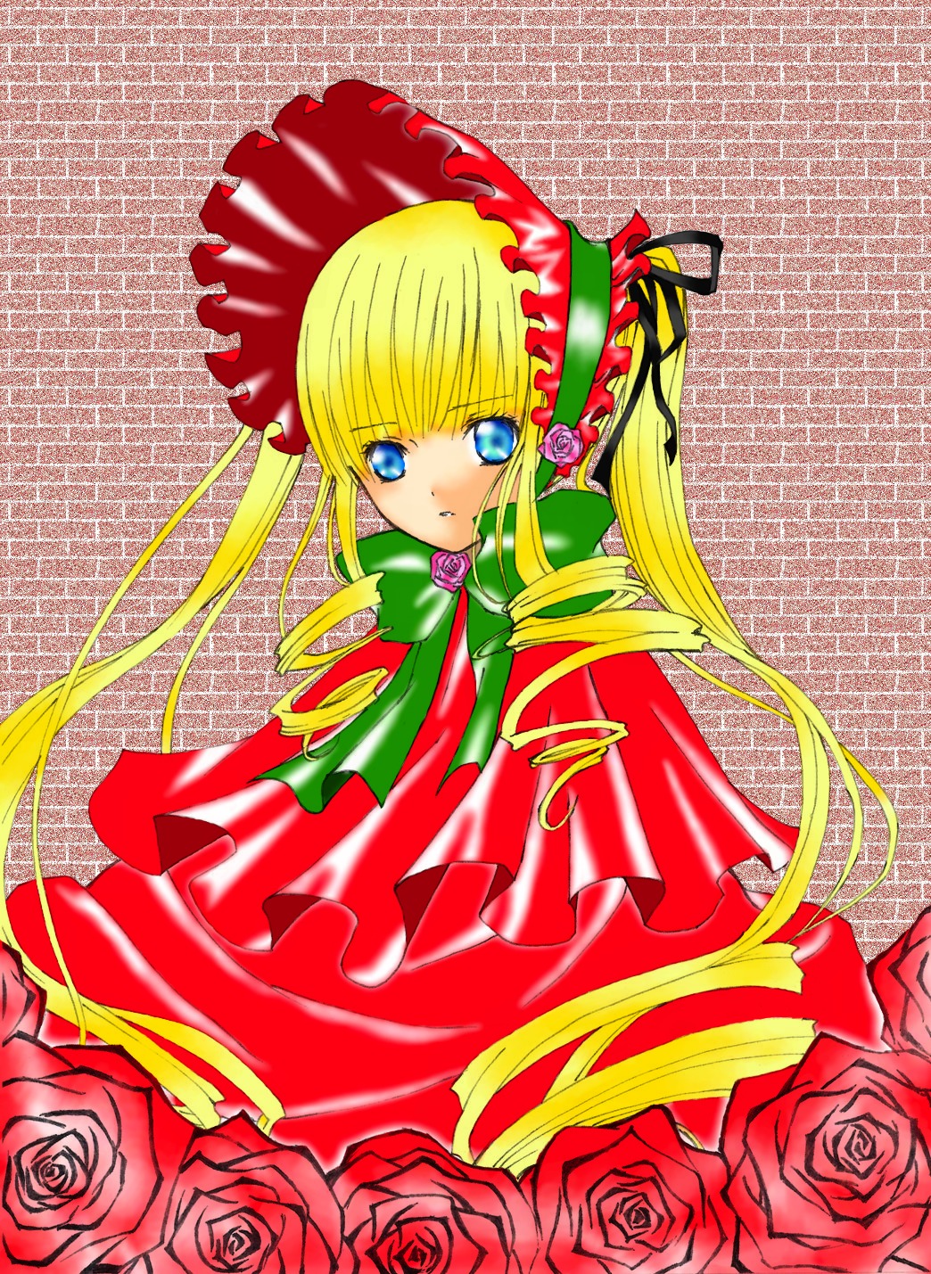 1girl blonde_hair blue_eyes bonnet bow dress drill_hair flower green_bow image long_hair long_sleeves looking_at_viewer pink_flower pink_rose purple_rose red_flower red_rose rose shinku solo twintails