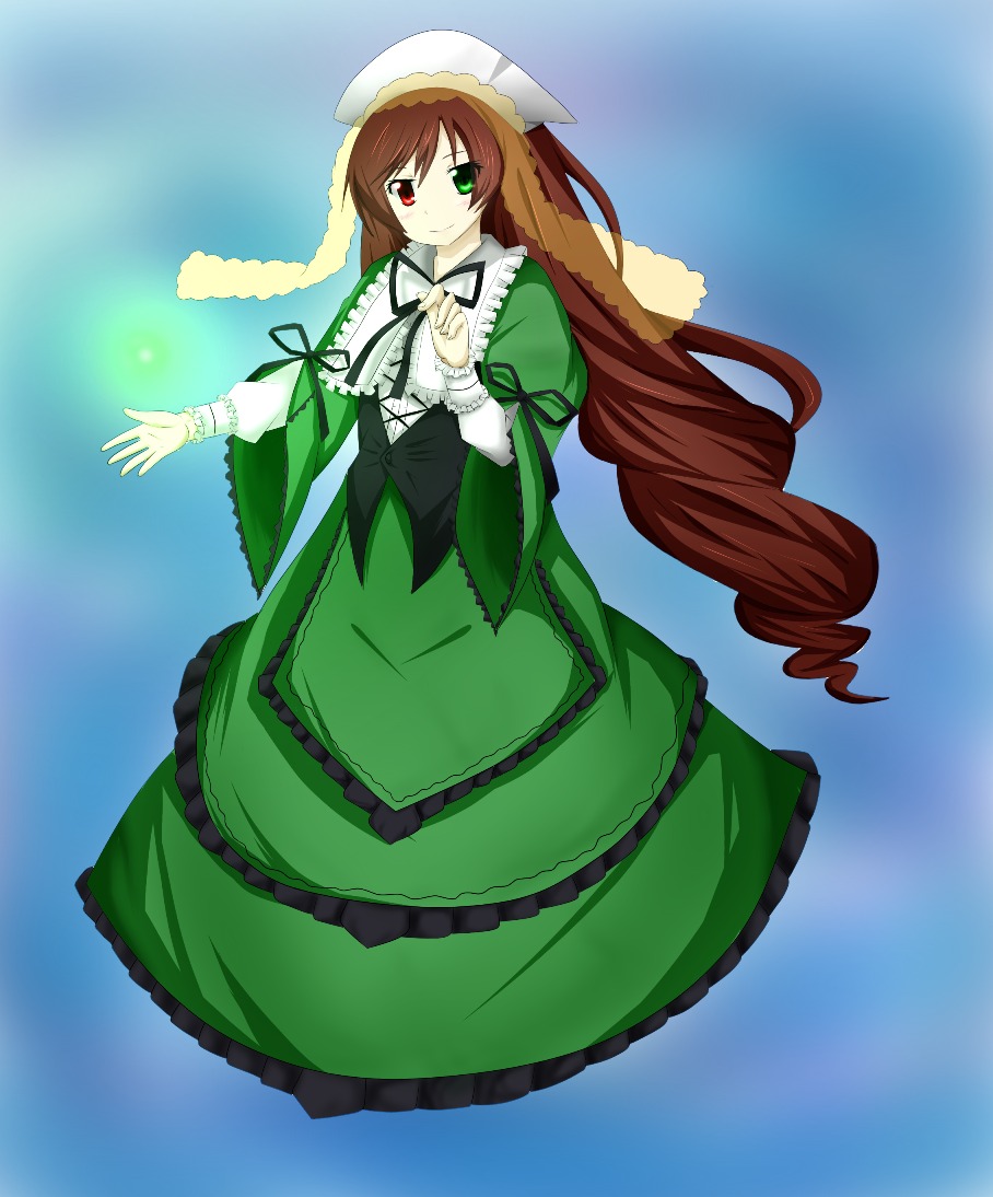1girl brown_hair dress drill_hair frills full_body green_dress green_eyes hat heterochromia image long_hair long_sleeves looking_at_viewer red_eyes smile solo suiseiseki twin_drills twintails very_long_hair