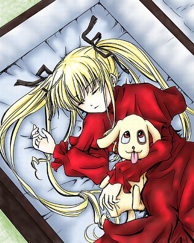 1girl bed blonde_hair closed_eyes from_above hair_ribbon image long_hair long_sleeves lying on_side pillow ribbon shinku sleeping solo twintails very_long_hair