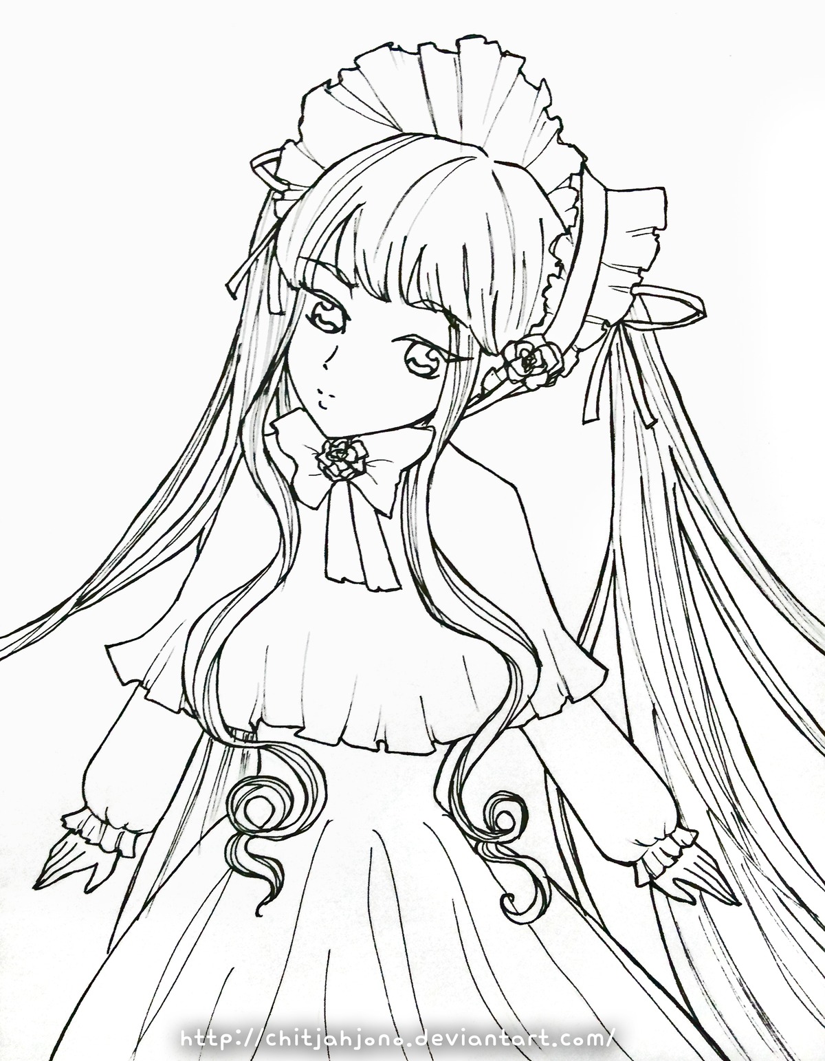 1girl bangs blunt_bangs bonnet bow closed_mouth dress flower greyscale hair_ornament image long_hair looking_at_viewer monochrome ribbon shinku sidelocks solo very_long_hair white_background