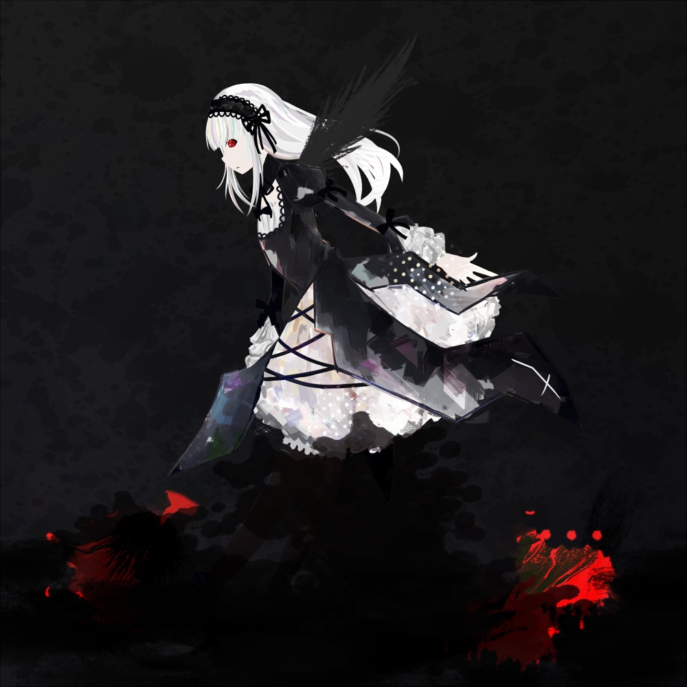 1girl black_background black_dress black_wings blood blood_splatter boots dress feathers flower frills full_body gothic_lolita hairband holding image juliet_sleeves lolita_fashion long_hair long_sleeves red_eyes ribbon rose solo suigintou wings