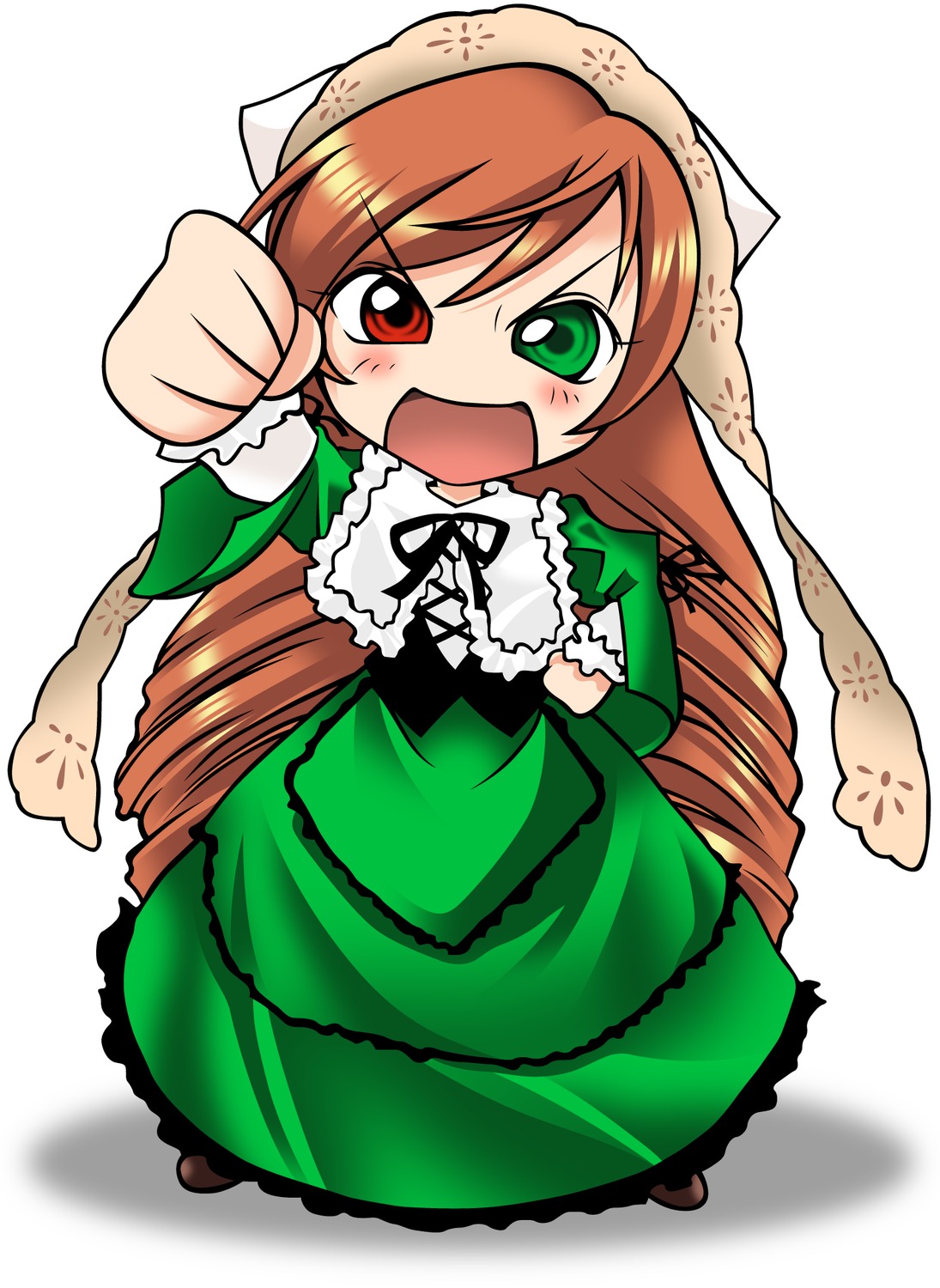 1girl :d blush brown_hair chibi dress drill_hair frills full_body green_dress green_eyes hat head_scarf heterochromia image long_hair long_sleeves looking_at_viewer open_mouth red_eyes ribbon simple_background smile solo standing suiseiseki very_long_hair white_background