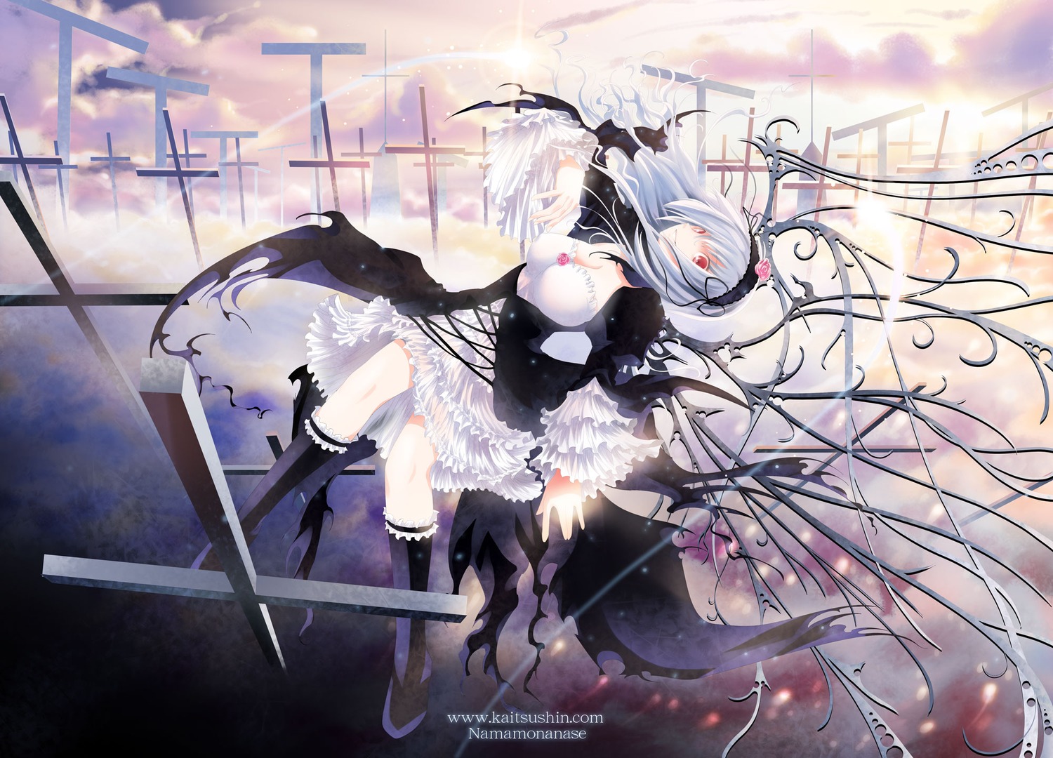 1girl black_wings dress feathers frills gothic_lolita hairband kneehighs lolita_fashion lolita_hairband long_hair red_eyes silver_hair solo suigintou sword weapon wings