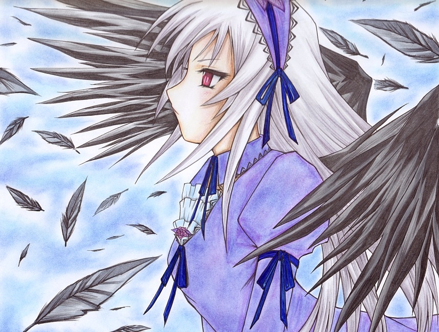 1girl black_feathers black_wings blue_ribbon dress feathered_wings feathers frills from_side hairband image long_hair long_sleeves profile puffy_sleeves red_eyes ribbon silver_hair solo suigintou traditional_media upper_body wind wings