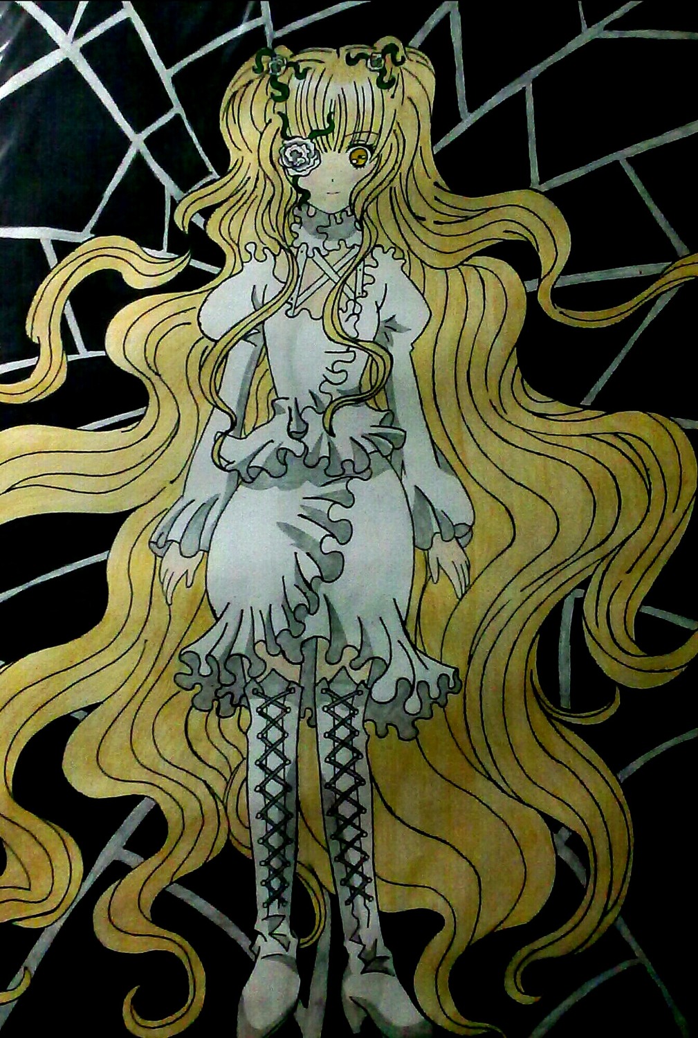 1girl absurdly_long_hair blonde_hair boots cross-laced_footwear dress flower frills full_body hair_ornament image kirakishou long_hair long_sleeves solo standing very_long_hair white_dress yellow_eyes