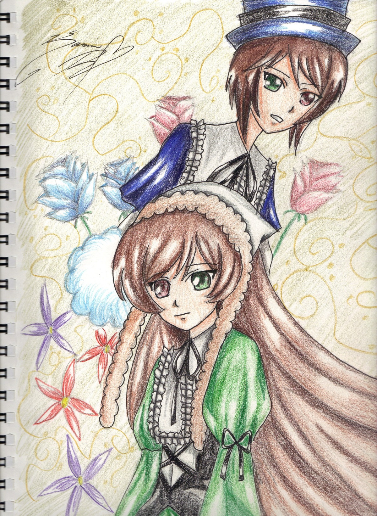 2girls brown_hair dress frills green_dress green_eyes hat head_scarf heterochromia image long_hair long_sleeves looking_at_viewer multiple_girls pair red_eyes ribbon short_hair siblings sisters souseiseki suiseiseki top_hat traditional_media twins very_long_hair watercolor_(medium)