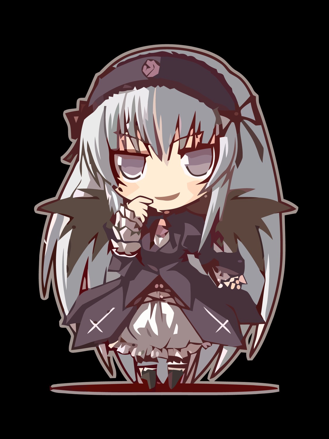 1girl bloomers chibi dress frills full_body hairband image long_hair long_sleeves looking_at_viewer smile solo standing suigintou transparent_background underwear very_long_hair wings