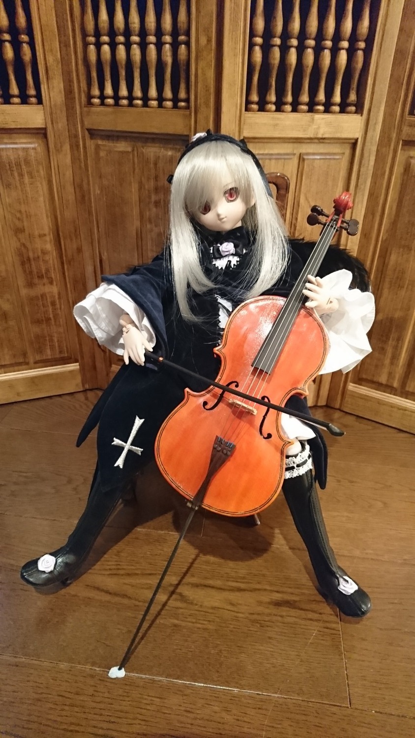 1girl bass_guitar bow_(instrument) doll dress electric_guitar gothic_lolita guitar hairband instrument lolita_fashion long_hair mary_janes piano playing_instrument plectrum red_eyes rose sheet_music sitting solo suigintou violin wooden_floor