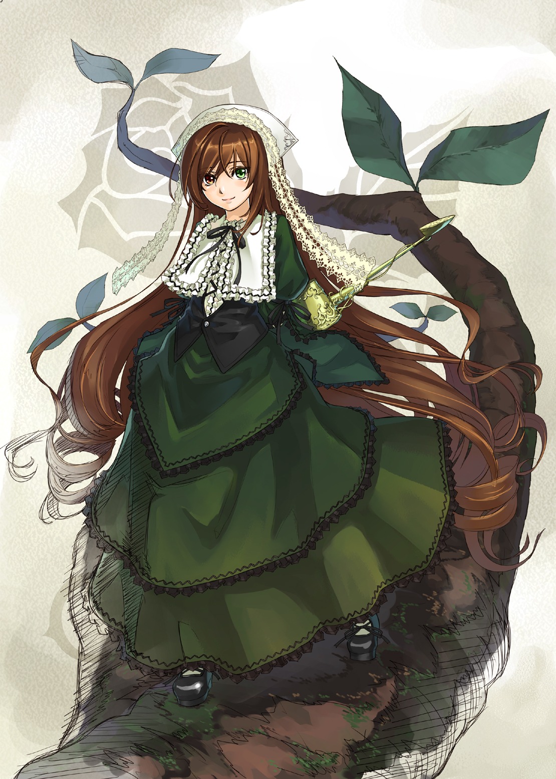 1girl bad_id bad_pixiv_id brown_hair dress frills full_body green_dress green_eyes head_scarf heterochromia highres image kurogin long_hair long_sleeves looking_at_viewer photoshop_(medium) ribbon rozen_maiden smile solo suiseiseki very_long_hair watering_can