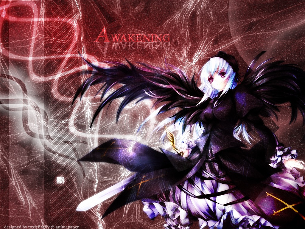 1girl auto_tagged black_wings dress feathers flower frilled_sleeves frills hairband image long_hair long_sleeves looking_at_viewer rose silver_hair solo suigintou wings