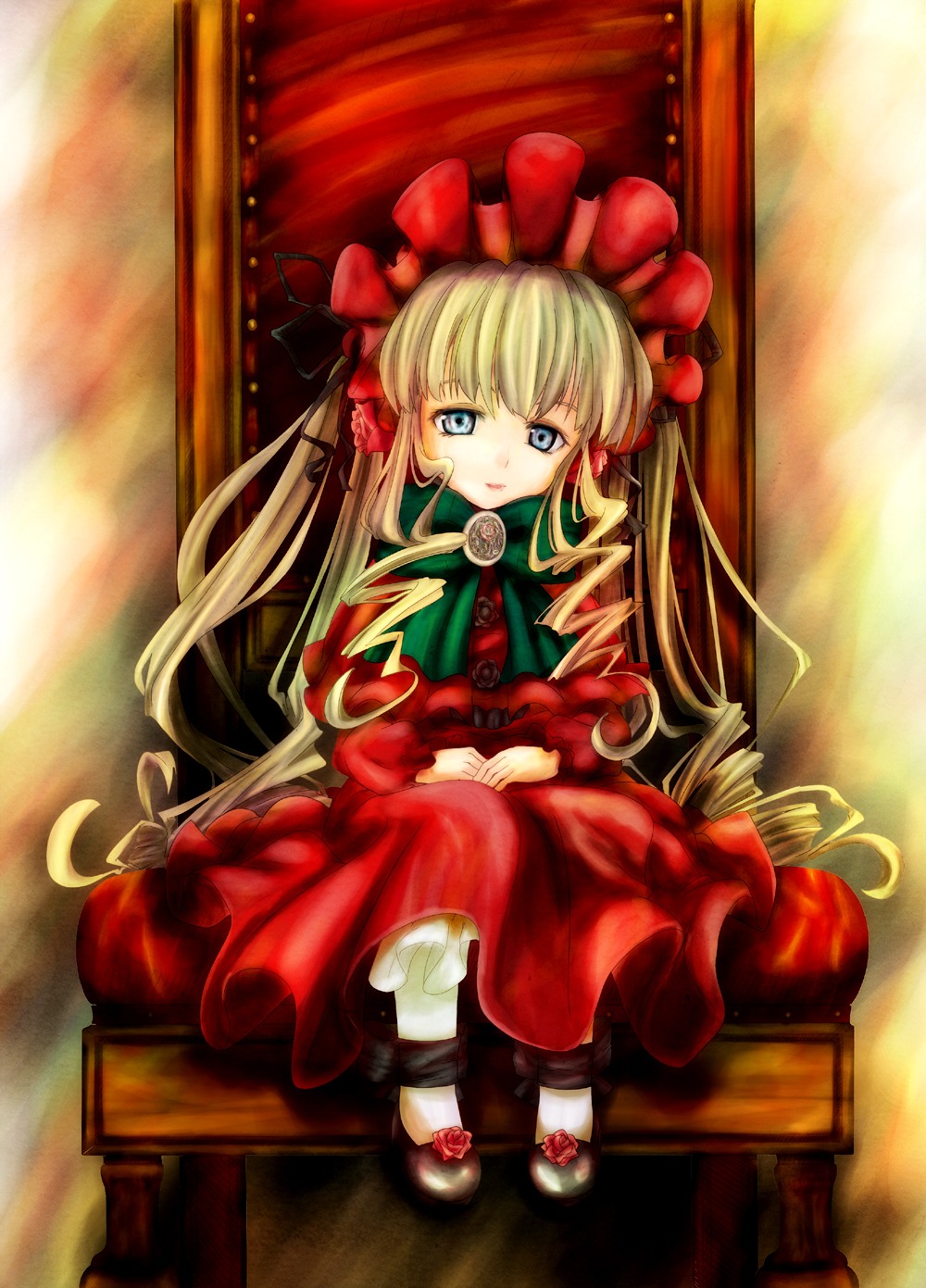 1girl blonde_hair blue_eyes bonnet bow bowtie chair cup curtains dress drill_hair flower highres image long_hair long_sleeves looking_at_viewer photoshop_(medium) red_dress rose rozen_maiden sankuro_(agoitei) shinku shoes sitting solo teacup twintails very_long_hair