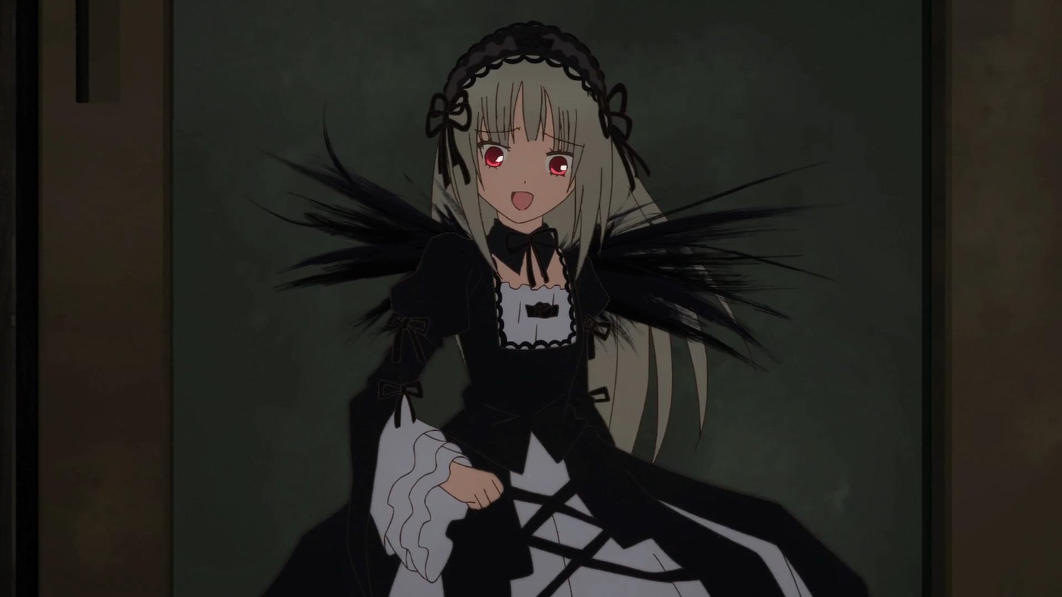 1girl :d black_dress black_ribbon black_wings detached_collar dress frills hairband image juliet_sleeves long_hair long_sleeves looking_at_viewer open_mouth puffy_sleeves red_eyes ribbon silver_hair smile solo suigintou wide_sleeves wings