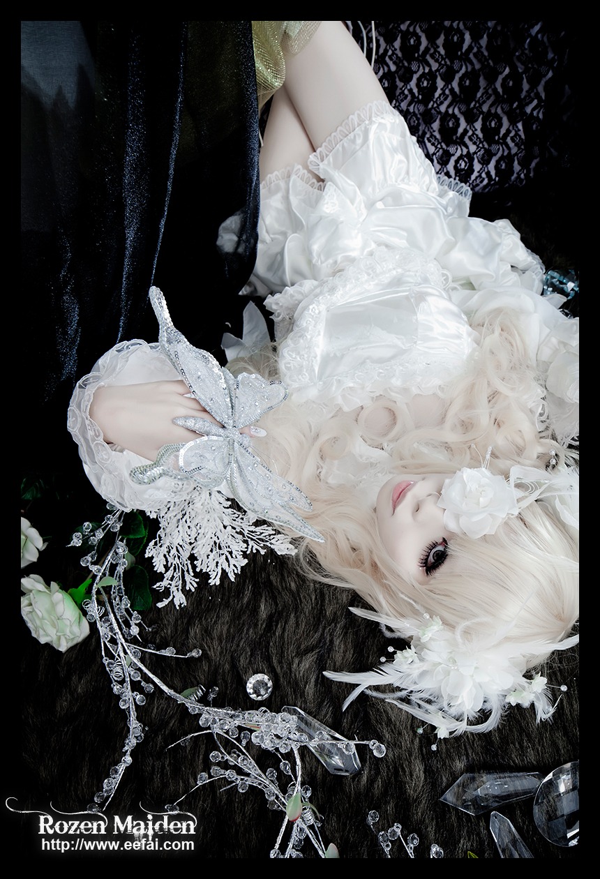 auto_tagged blonde_hair dress flower kirakishou lips long_hair rose solo white_dress white_rose
