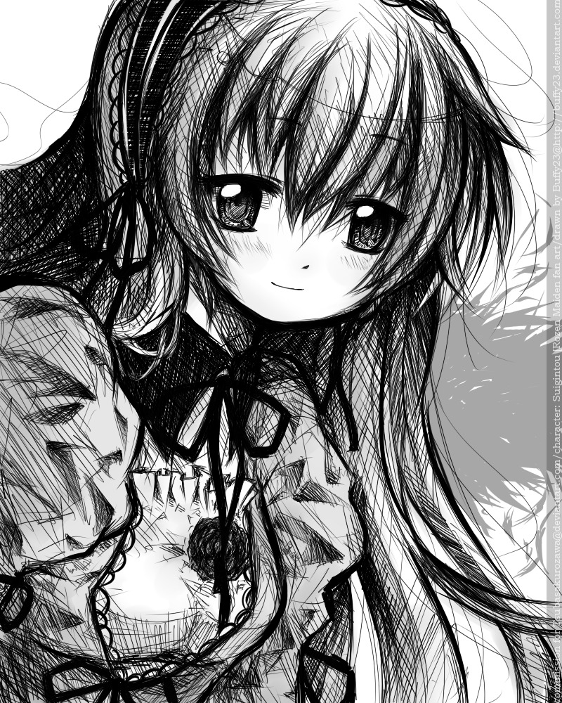 1girl blush greyscale heart image long_hair looking_at_viewer monochrome smile solo suigintou