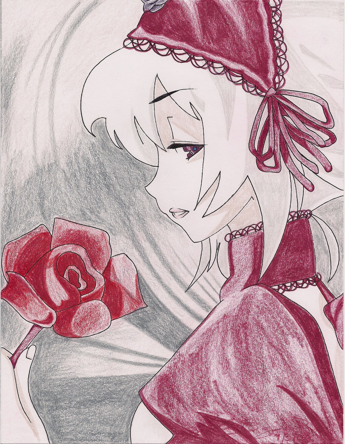 1girl bow flower holding_flower image pale_skin profile red_flower red_rose ribbon rose smile solo suigintou traditional_media