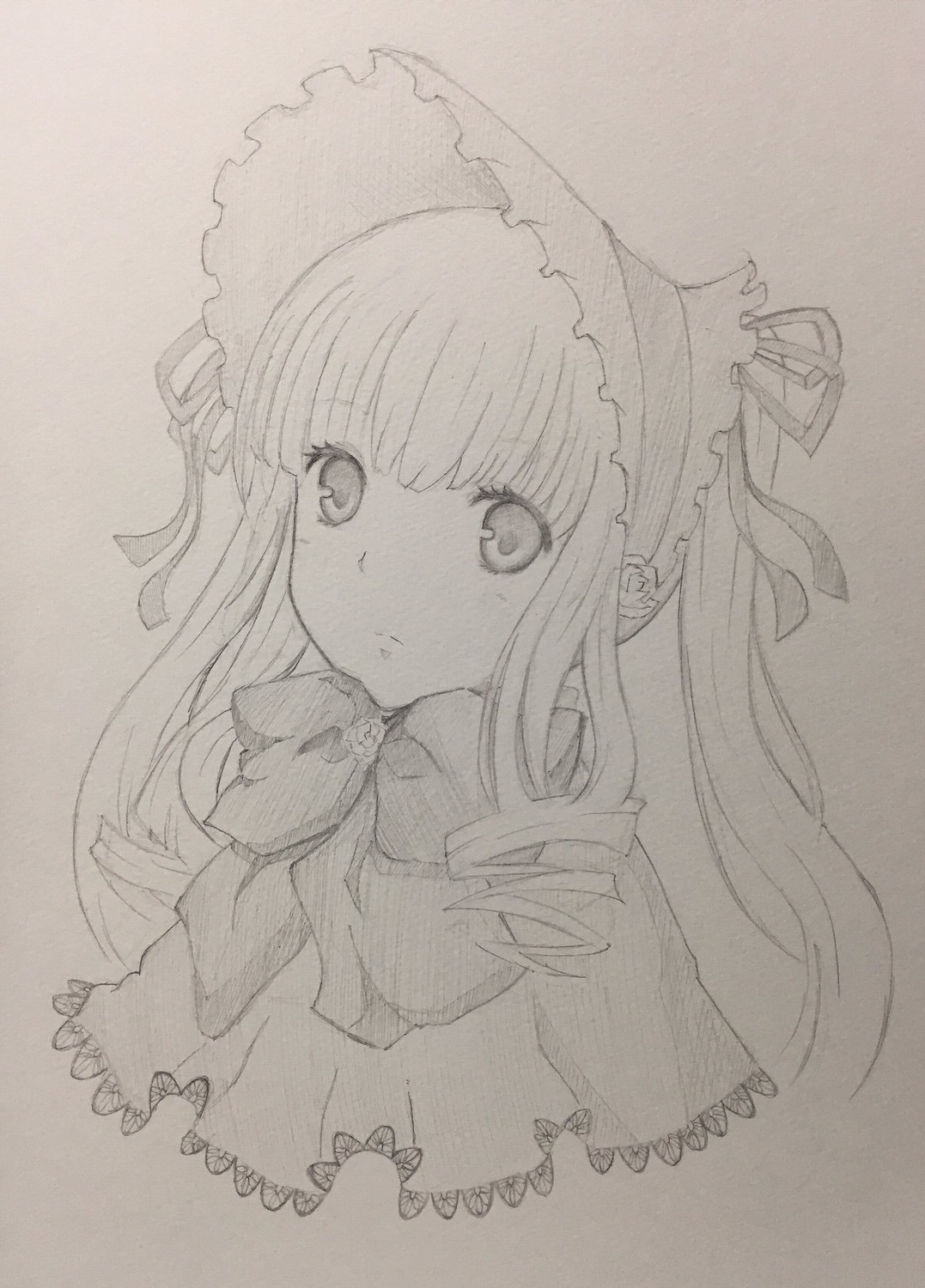 1girl bow bowtie capelet closed_mouth eyebrows_visible_through_hair graphite_(medium) hat image long_hair looking_at_viewer monochrome photo shinku simple_background solo traditional_media upper_body