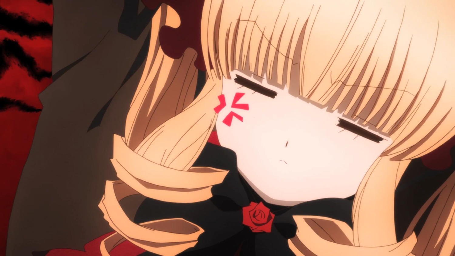 1girl bangs blonde_hair blunt_bangs blush bow closed_eyes closed_mouth dress eyebrows_visible_through_hair facing_viewer flower image long_hair red_flower red_rose ribbon rose shinku solo