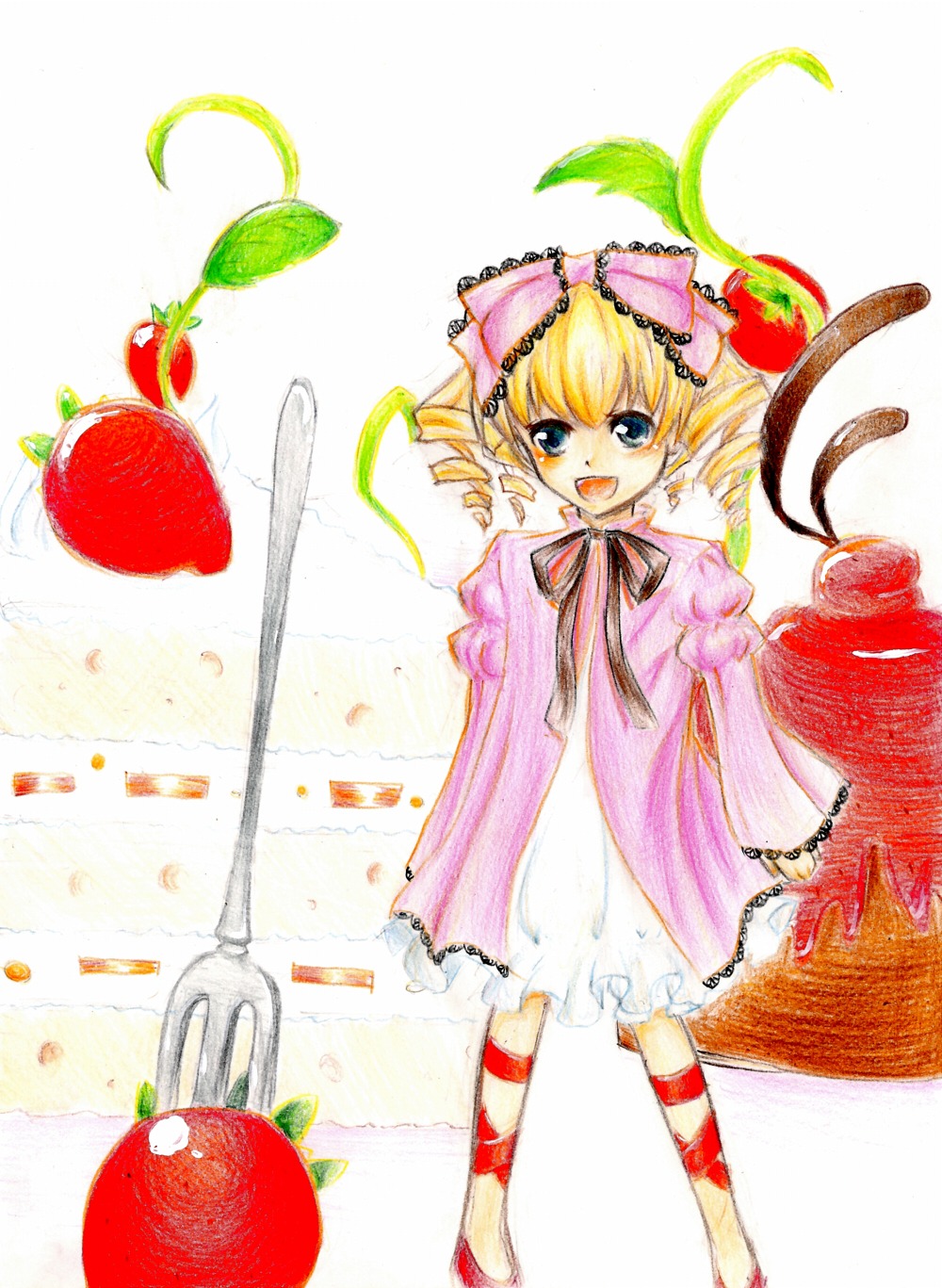 1girl apple blonde_hair blue_eyes bow cherry dress food fruit grapes hinaichigo holding_fruit image long_sleeves open_mouth pink_bow ribbon short_hair smile solo standing strawberry striped tomato watermelon